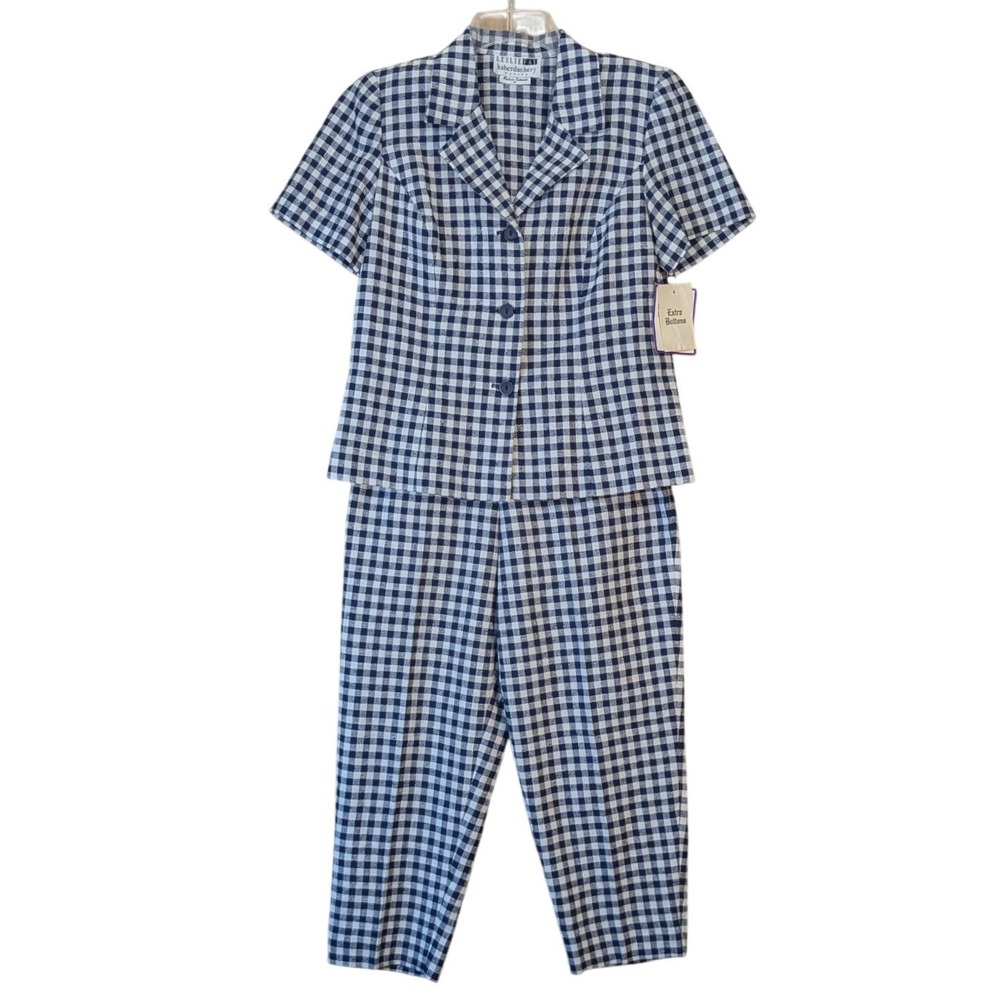 Vintage Leslie Fay Haberdashery 90s Gingham Pant Suit 6P Navy Blue White 2pc